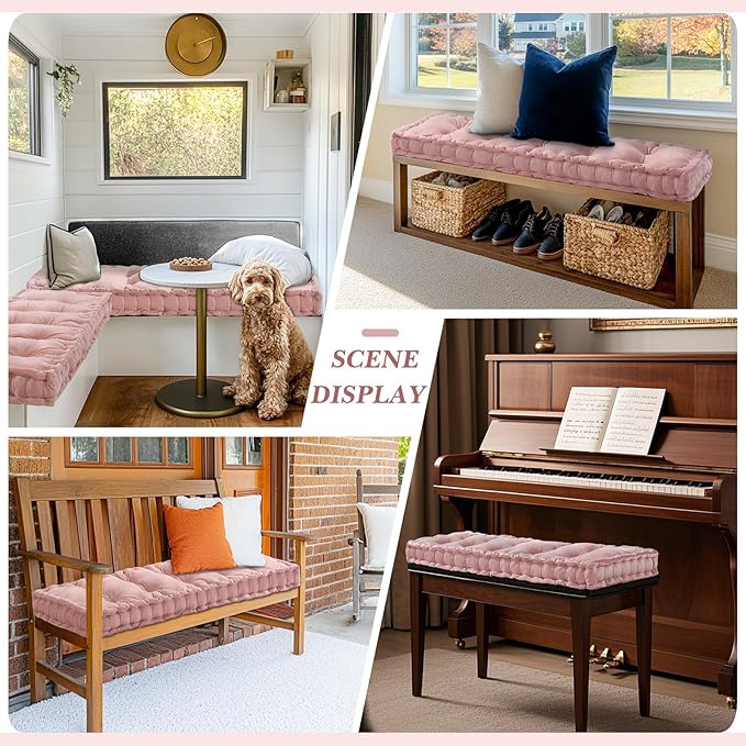 Bench Cushions for Indoor Furniture 42x16 in Velvet Kitchen Dining Piano Window Seat Cushion, Tufted Patio Porch Swing Thicken Bench Pad Memory Foam(Pink)
