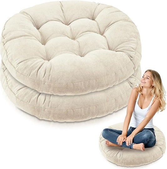 Jerify Floor Pillow Cushions 22 x 22 Inch Round Square Large Meditation Floor Pillow for Classroom Adult Meditation Picnic Party Cushion for Seating Gift Christmas(Round,Beige,2 Pcs)