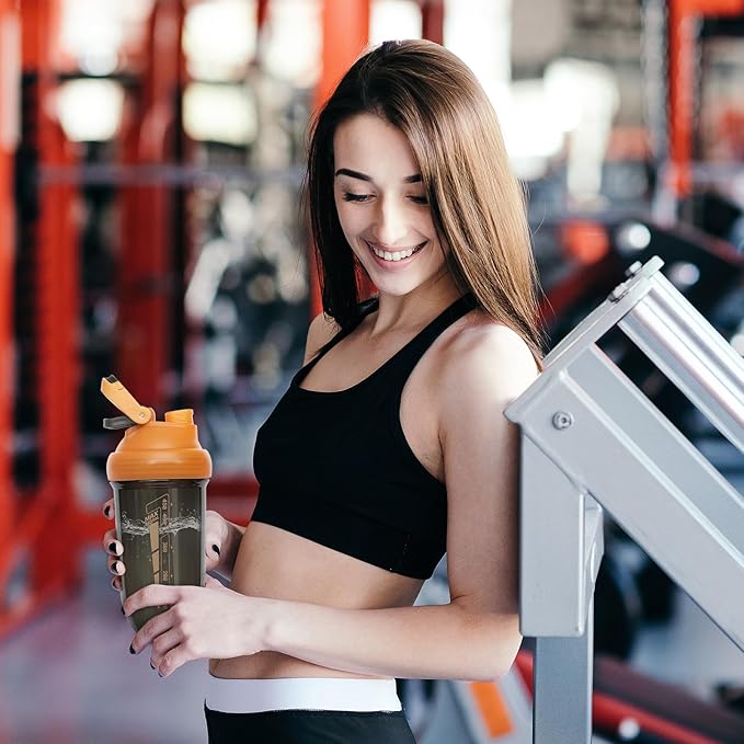 20 oz protein shaker bottle, TRITAN Plastic, BPA/BPS Free Whey Protein Drink Cups for Pre-Workout and Gym, Blender Shaker for Blending Protein Shakes, Overnight Oats and Smoothies (orange)