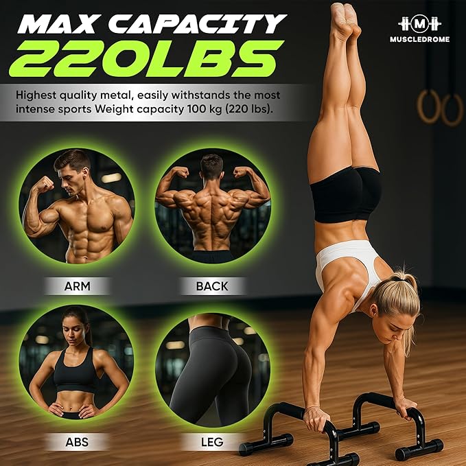 Push Up Bar for strength traning, Heavy Duty Steel Parallettes with Non Slip Handles, Stable Pushup Stands for Dips, Handstands & Calisthenics, 11.8in High x 17.9in Wide, Home Workout equipment