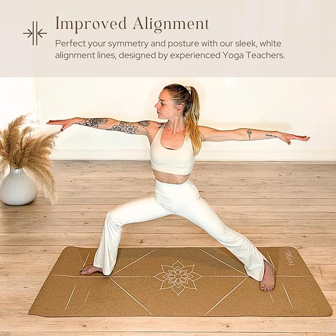 Premium Cork Yoga Mat Large 72"x26" – 5mm Thick Natural Rubber Cushioning - Non Slip Grip for Hot Yoga - Optional Alignment Lines & Elegant Yoga Bag Or Strap