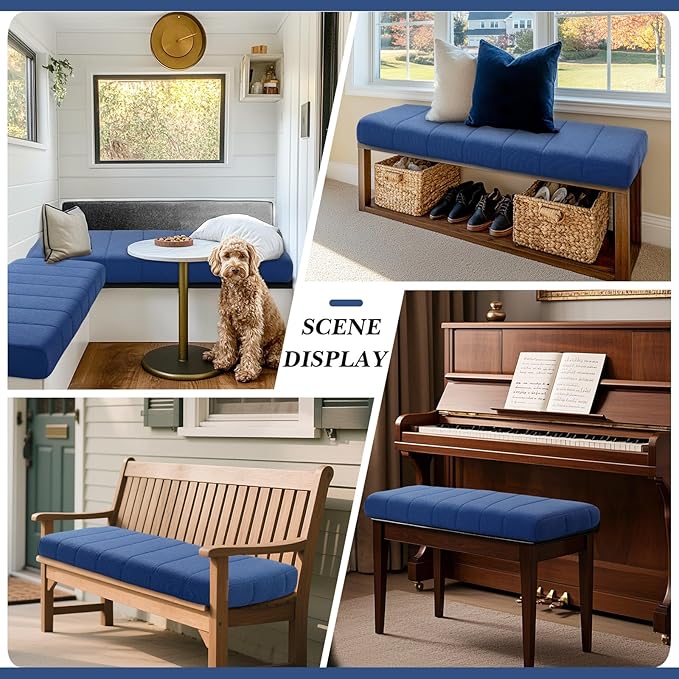 Wenqik Bench Cushion 42x16x4 Inch for Indoor Outdoor Furniture Tufted Thicken Bay Window Seat Cushion Non Slip Waterproof Dining Piano Bench Pad Pillow Anti Cat Scratch for Patio Porch Swing, Blue