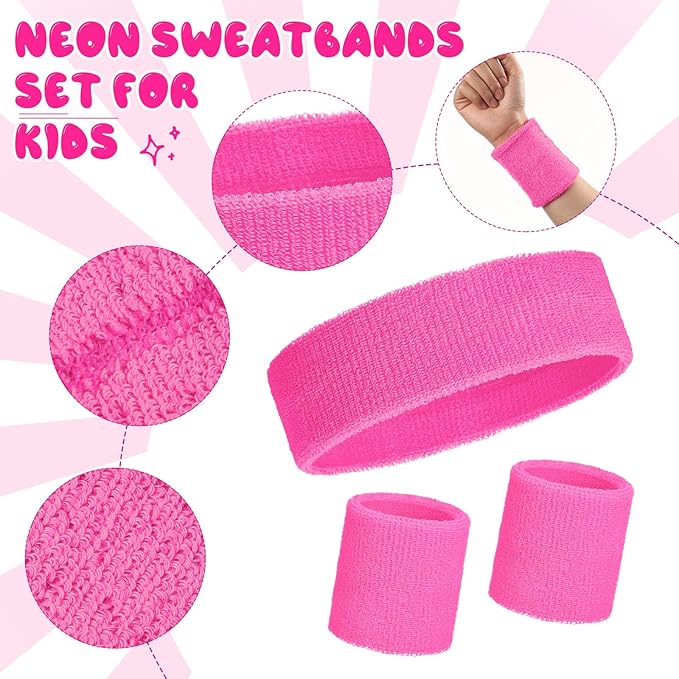 Bememo 36 Pcs Neon Sweatbands Set for Kids Bulk Sports Headband Wristband Set Cotton Terry Basketball Tennis for Students Youth 80s 90s Halloween Costumes Cosplay Glow Party