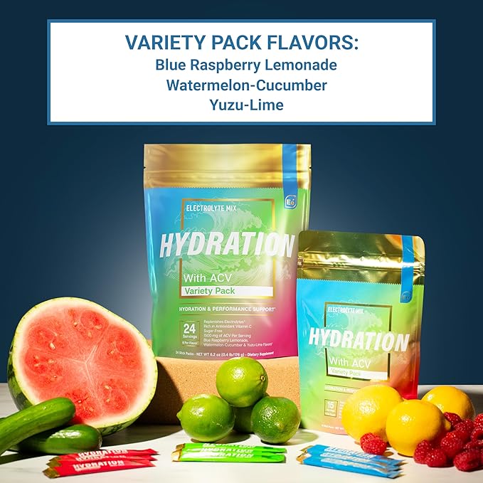 Essential Elements Hydration Packets - Electrolytes Powder Packets Sugar Free - 48 Stick Packs of Electrolytes Powder No Sugar - Electrolyte Water Drink Mix with ACV & Vitamin C - Variety Pack