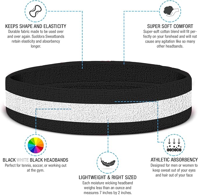 Suddora Striped Sweatband Set, Moisture Wicking 2 Wristbands and 1 Headband, Breathable Athletic Sweat Bands for Sports, Costumes & Cosplay, Matching Bands to Wear with Jersey