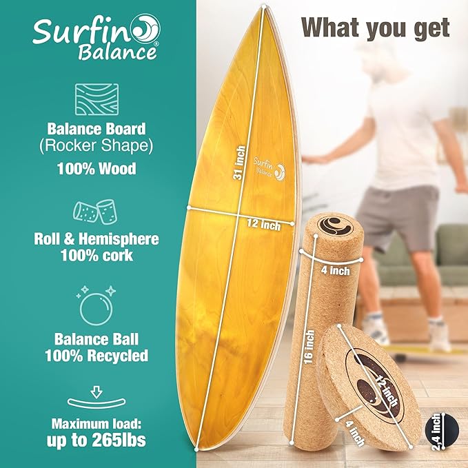 Wooden Balance Board - unique [incl. corc roller, corc hemisphere and balance ball] Balance Board Kids - Balance Boards for Adults - Indo Board Mobo Board Gibbon Board Giboard Slackboard Balancing