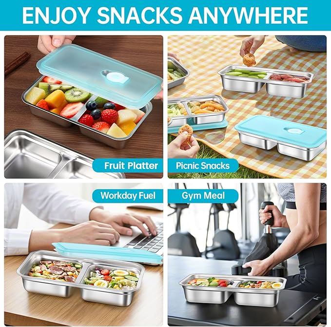 4 Pack Stainless Steel Snack Containers Reusable, Grab and Go 2 Compartment Food Storage Containers with Leakproof Lids for Travel and Outdoor Camping School Lunch Prep Dishwasher Safe 7.9" Size