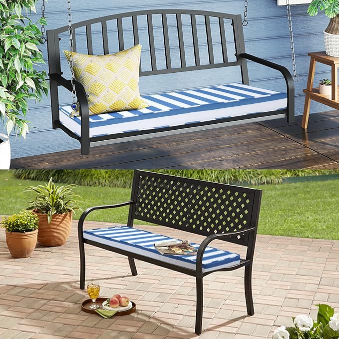 Outdoor Bench Cushion 48x16x3 Inch with Ties, Thick Waterproof Porch Swing Cushions for Patio Furniture Chair Pad, Seat Sofa Garden Replacement Cushion Sponge Filling (Blue&white Stripes, 48x16)