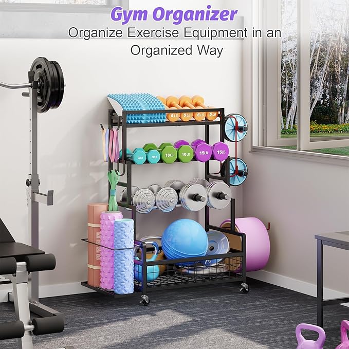 Dumbbell Rack,Home Gym Storage Rack,Total Weight Capacity 490 lbs,Weight Rack with Wheels/Strength Training Equipment Storage Rack with Hooks,Stores Dumbbells,Kettlebells,Yoga Mats