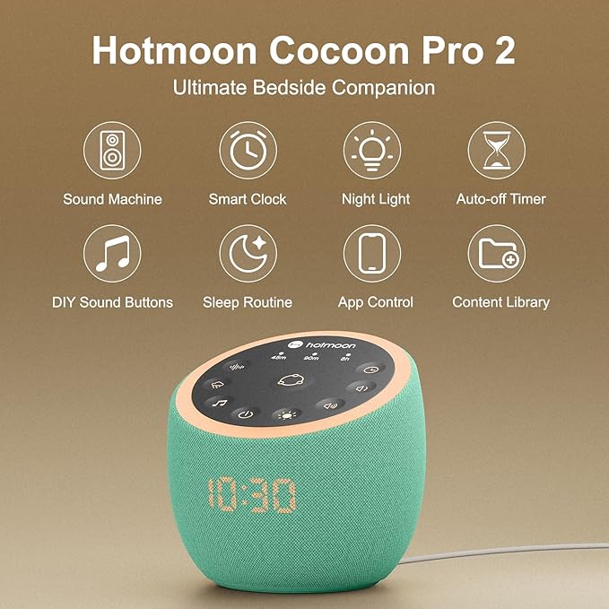 Hotmoon Sound Machine, Cocoon Pro White Noise Sound Machine with 388 Sounds for Baby Adult, Night Light, Sleeping Timer, App Control, DIY Sound Machine, Home Office Yoga, Noise Machine Gift Mint Green
