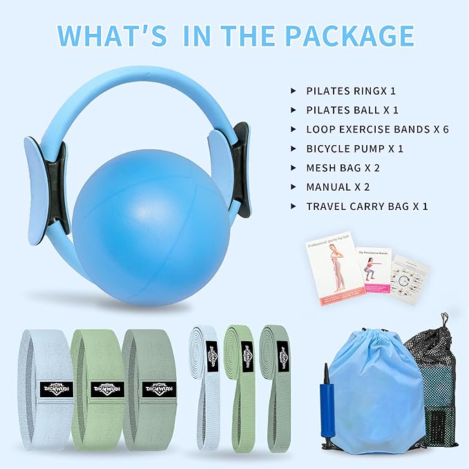 Pilates Essentials Kit for Home Women, Pilates Equipment for Workouts, 6 Fabric Resistance Bands, 12 Inch Magic Circle Yoga Ring, Mini Exercise Ball, Great Exercise Equipment