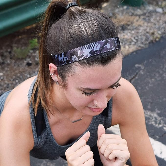 Sweaty Bands Womens Girls Headband - Non-Slip Velvet-Lined Workout Hairband - Booty Camp Camo Black Gray 1-Inch