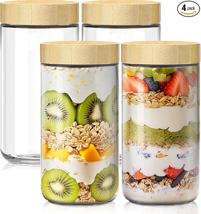 4 pack 24oz Overnight Oats Containers with Bamboo Lids, Glass Jars with Airtight Lids for Meal Prep, Wide Mouth Mason Salad Jars, Glass Food Storage Container for Yogurt Chia Snacks Spice Sugar