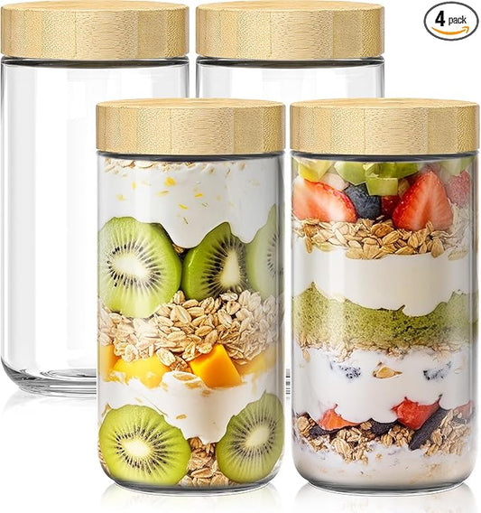 4 pack 24oz Overnight Oats Containers with Bamboo Lids, Glass Jars with Airtight Lids for Meal Prep, Wide Mouth Mason Salad Jars, Glass Food Storage Container for Yogurt Chia Snacks Spice Sugar