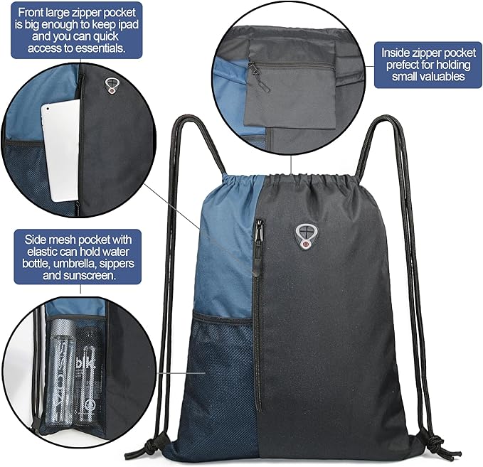 BeeGreen Haze Blue Drawstring Backpack Gym Bag For Men & Women – Sports Sackpack with Mesh Water Bottle Holder & 2 Zippered Pockets – Large 16x20 Inch Cinch String Backpack