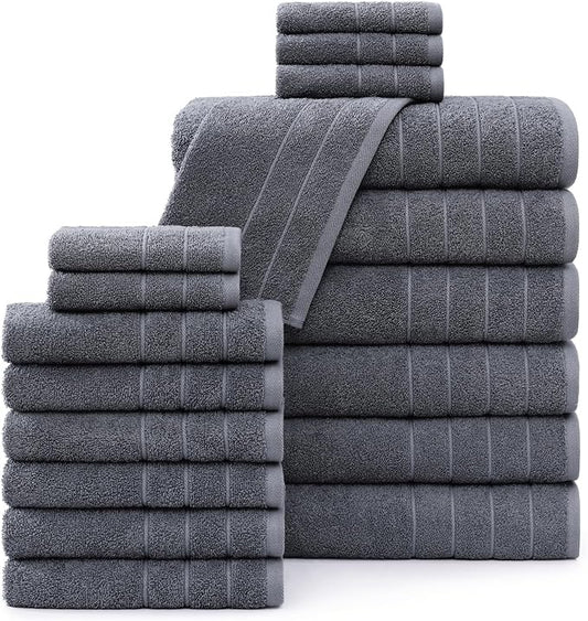 Casa Platino 100% Cotton Luxury Bathroom Towel Set - 18 Pc - Ring Spun, Quick Dry, Soft & Highly Absorbent - 6 Bath, 6 Washcloths, 6 Hand Towels - Remains Plush After Multiple Washes - Cool Grey