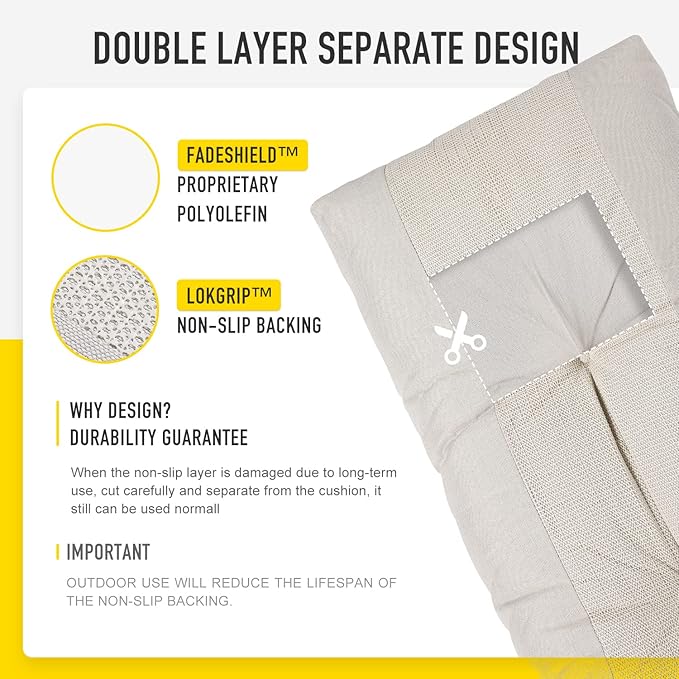 SUNROX LokGrip Non Slip Tufted Memory Foam Bench Cushion, FadeShield Water Resistant Durable Thicken Outdoor/Indoor Bench Seat Pads 48x16x4 inch, Cream