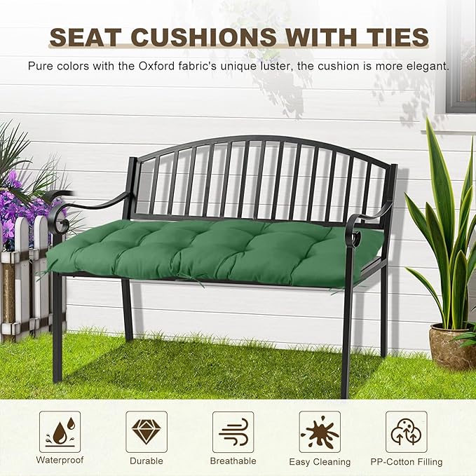 Outdoor Bench Cushion 60inches Waterproof & Fade Resistant Patio Furniture Cushions Tufted Fresh Porch Swing Lounger Loveseat Pads with Straps(Dark green-60x20in)