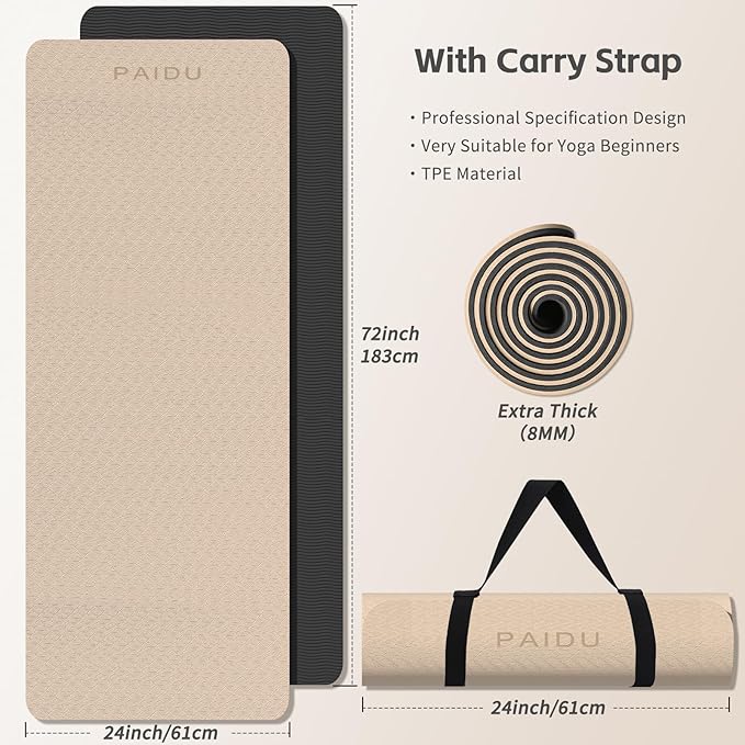 Yoga Mat 8mm Super Thick TPE Fitness Mat | SGS Certified | Non-Slip, Odorless & Tear-Resistant | Unisex with Strap | for Yoga, Pilates, Meditation & Home Workouts