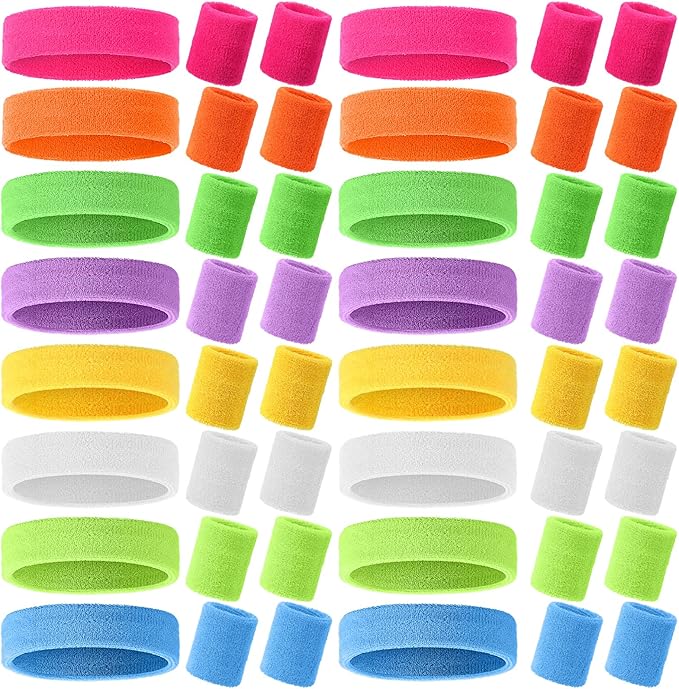 48 Pcs Football Sweatbands Bulk for Men Women Striped Sweatband Set, Include 16 Headband and 32 Wristbands Sports Neon Accessories for 80's Costume Party Athletic Gym