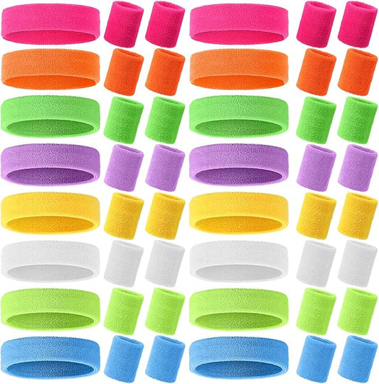 48 Pcs Football Sweatbands Bulk for Men Women Striped Sweatband Set, Include 16 Headband and 32 Wristbands Sports Neon Accessories for 80's Costume Party Athletic Gym