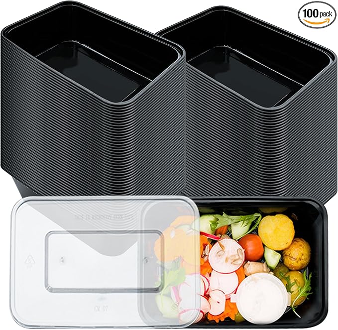 100 Pcs Plastic Meal Prep Containers with Lids Reusable Bento Box 1 Compartment Stackable Disposable Lunch Bowls for Meal Prep, Food Storage (26 oz, Black)