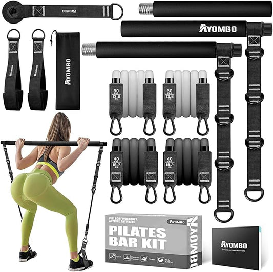 Pilates Bar Kit with Resistance Bands, Pilates Workout Equipment for Legs, Hip, Waist, Arm, Squats Exercise Equipment for Home Workouts, Adjustable 3-Section Pilates Bar Kit for Women & Men