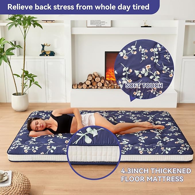 Dr.Futon Japanese Floor Futon Mattress Extra Thick Folding Roll Up Bed Topper Mat for Guest,Lounger and Tavel