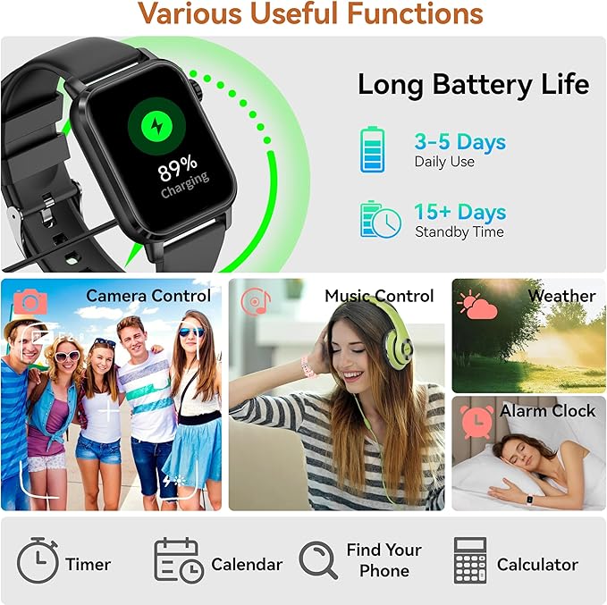 KPEP Smart Watches with LED Flashlight, 1.85" HD Smartwatches for Men Women, Answer/Make Calls, Heart Rate/SpO2/Sleep Monitor, 100+ Sport Modes, IP68 Waterproof Fitness Tracker for iOS Android, Black