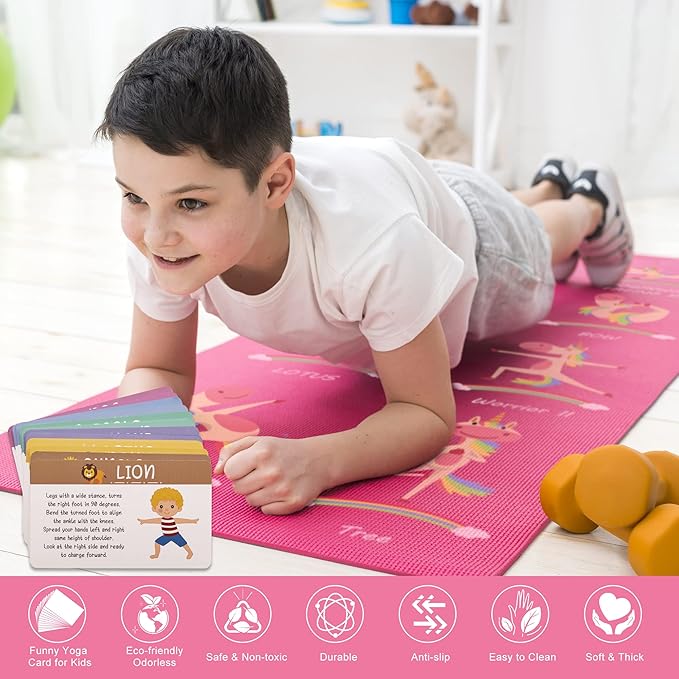 Garybank Kids Yoga Mat Set - Non-slip Exercise Mats with Fun Prints - 12 Yoga Cards - Carrier Bag - Odor Free Non-Toxic, Cute Yoga Mat for Girls & Boys (60 X 24 X 0.2 Inch)