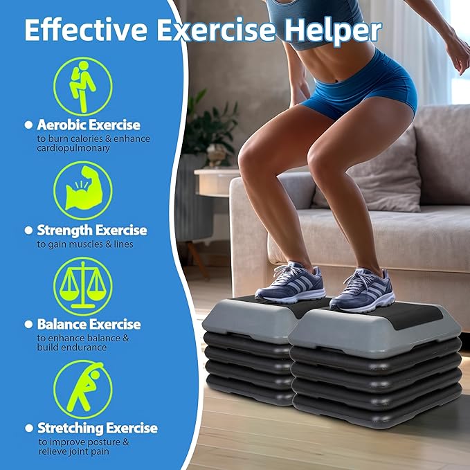 Smartxchoices 16 Inch Adjustable Aerobic Stepper Exercise Workout Step Platform Bench with 4 Risers 4"-6''-8''-10''-12' Height for Home Gym Fitness Training High Step Aerobics Platform