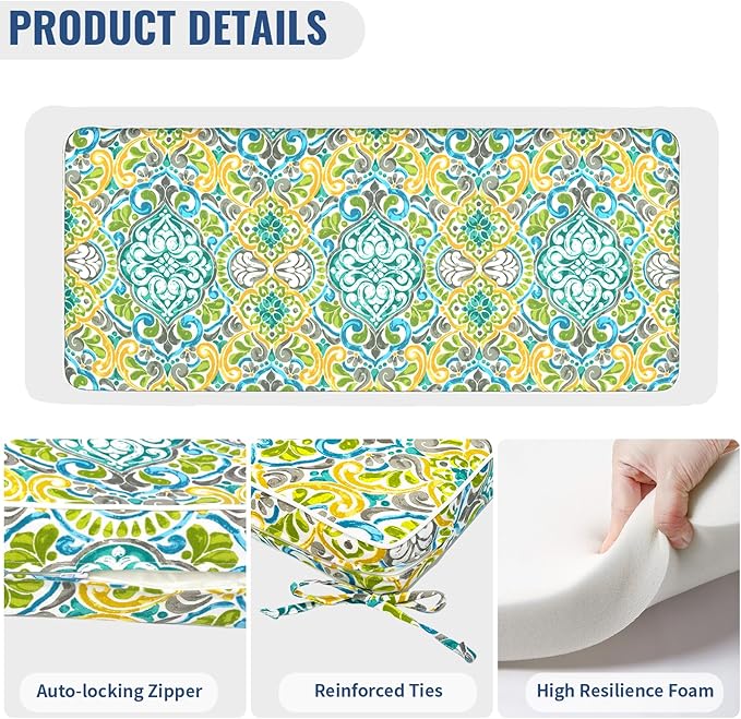 Outdoor Bench Cushion, Patio Furniture Cushion 42 x 18 x 3 Inch, Water Resistant Garden Sofa Swing Pad Settee Loveseat Couch Replacement Cushion, 1 Pack,Damask Green