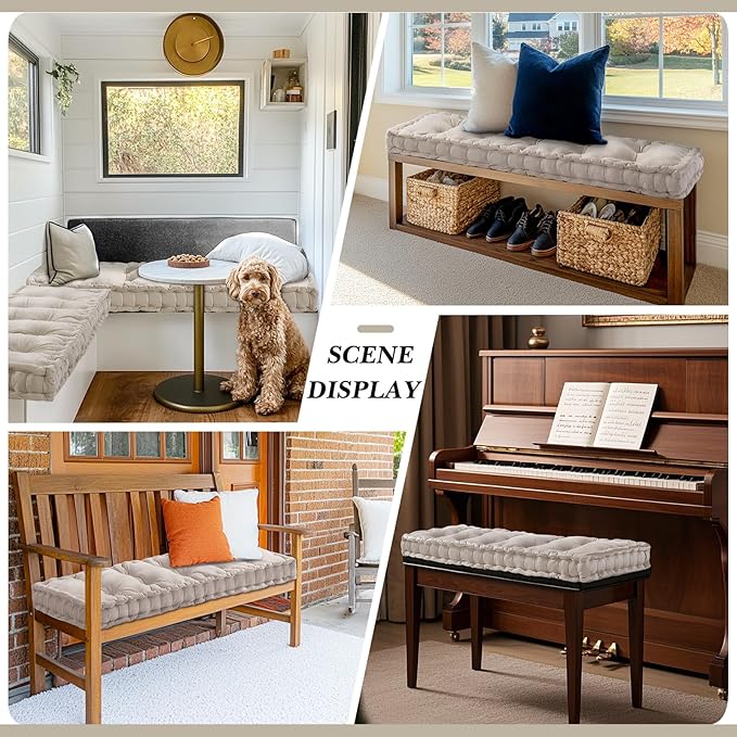 Bench Cushions for Indoor Furniture 36x14 in Velvet Kitchen Dining Piano Window Seat Cushion, Tufted Patio Porch Swing Thicken Bench Pad Memory Foam(Ivory White)