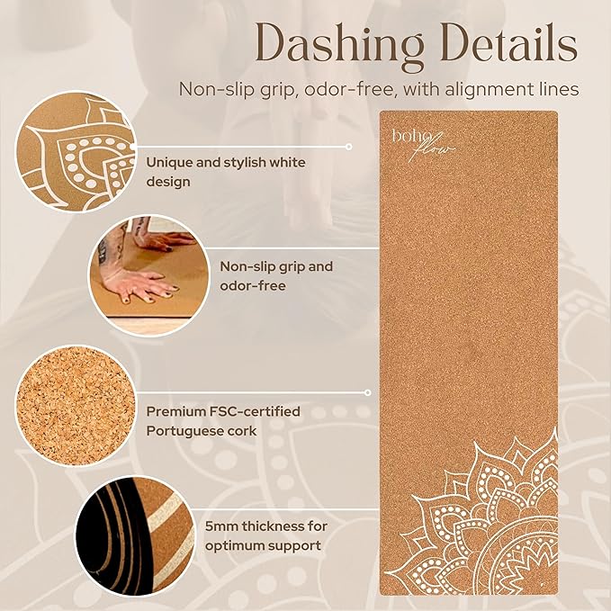 Premium Cork Yoga Mat Large 72"x26" – 5mm Thick Natural Rubber Cushioning - Non Slip Grip for Hot Yoga - Optional Alignment Lines & Elegant Yoga Bag Or Strap
