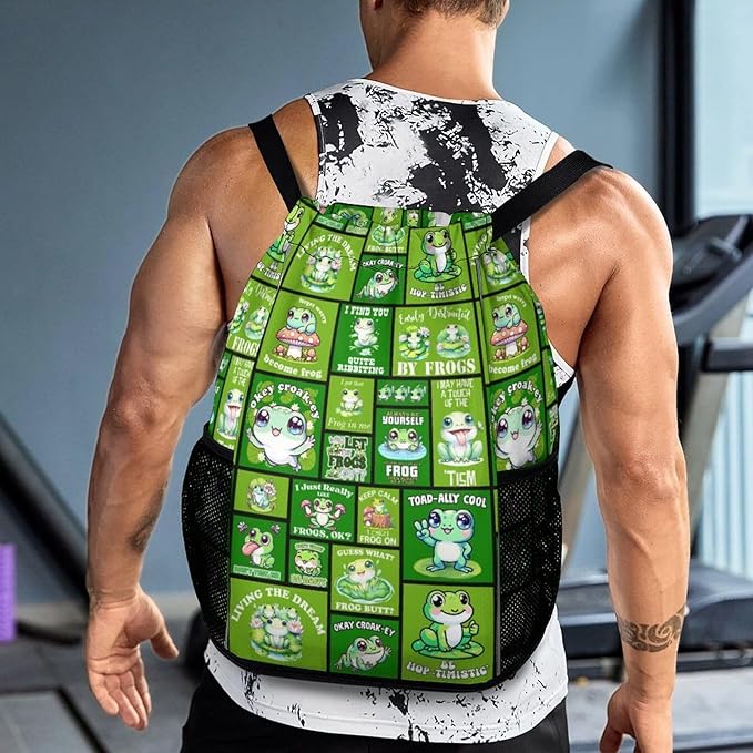 Frog Drawstring Backpack - Cute Cinch Sack, String Backpacks with Pocket for Kids Boys Girls Women Men for Gym Outdoor Sports Travel Athletic Drawstring Bag - Lightweight/Foldable