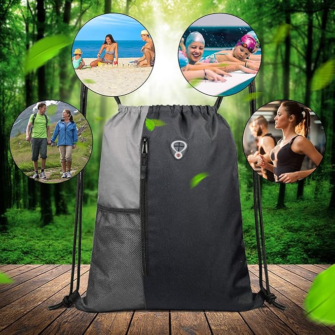 BeeGreem Grey Sport Bag Drawstring Backpack String Bag For Men Women Gym Backpack With Water Bottle Mesh Pockets And Two Zipper Pockets 16" x 20"