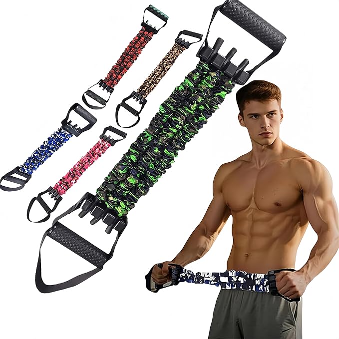 Chest Expander 3-Hole Resistance Band Multifunctional Adjustable Arm Exerciser Natural Latex Tube Anti-Break Durable Quick-Release Camo Sleeve for Women Teens Fitness Training
