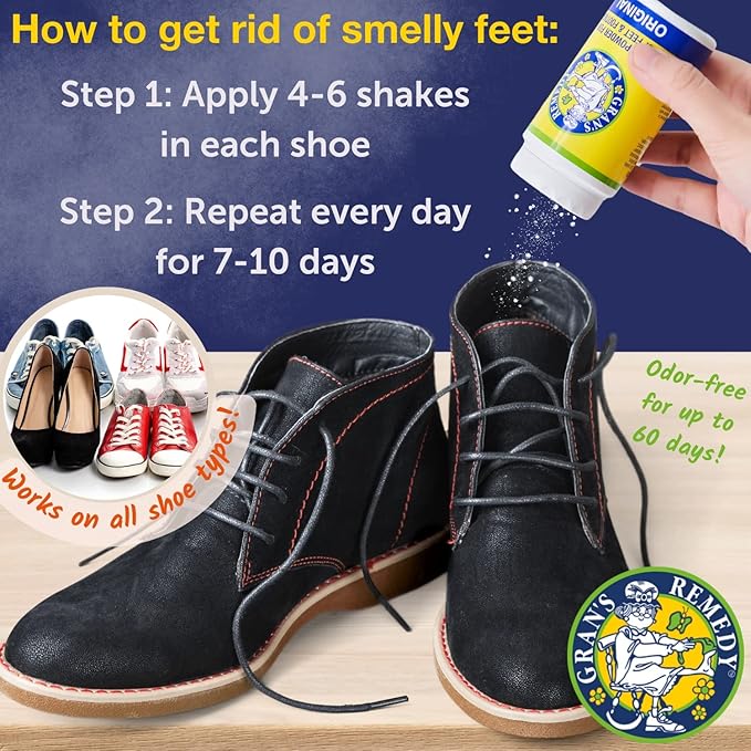 Gran's Remedy Cooling Foot and Shoe Deodorizer Powder - Effective Odor Eliminator - Moisture Absorbing Travel Size Foot Powder - Soothing Relief for Shoes and Feet
