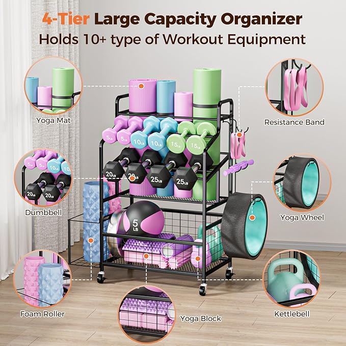 Weight Rack Storage for Home Gym, Adjustable Dumbbell Stand Organizer with Wheels and Hooks, Workout Equipment Organizer Holds Yoga mats, Kettlebells, and Fitness Accessories