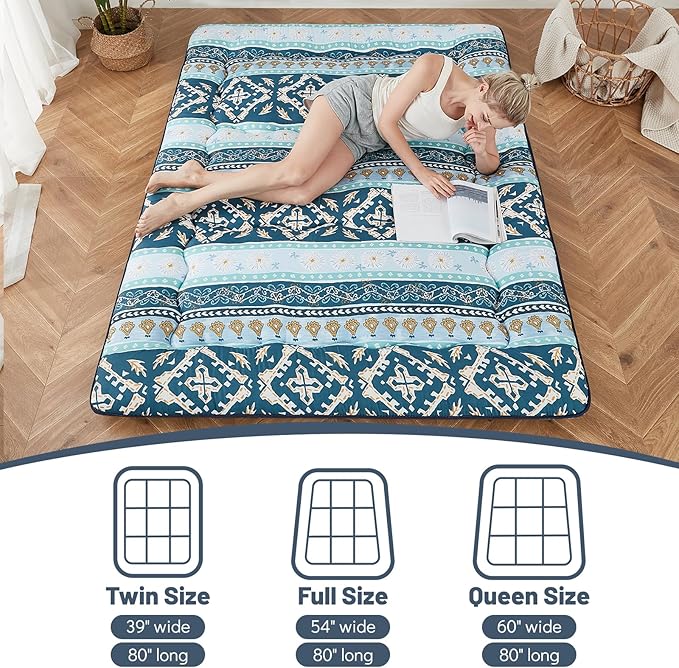 Japanese Floor Mattress, Futon Mattress with Portable Storage Bag and Washable Cover, Roll Up Thick Tatami Mat Suitable for Camping, Guest Room (Blue Striped Jacquard, Twin)