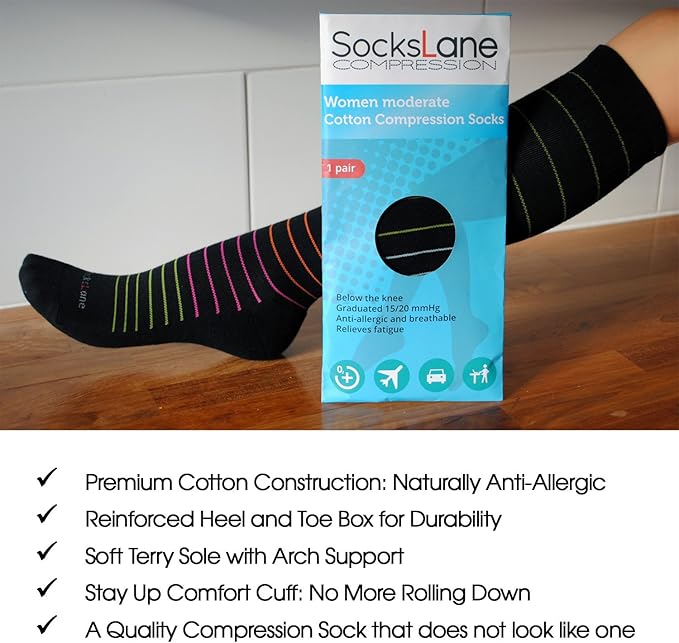 Cotton Compression Socks for Women & Men. 15-20 mmHg Support Knee-High Nude Stripes S/M