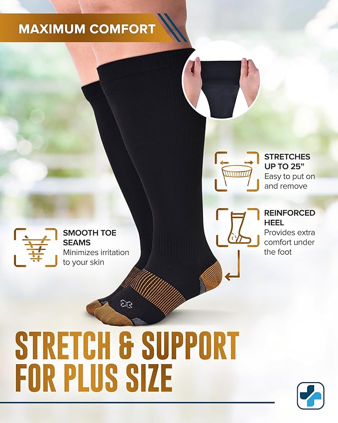 Doctor's Select Copper Plus Size Compression Socks Wide Calf - 2 Pairs | 20-30mmHg Extra Wide Calf Compression Sock Women | Copper Socks for Swelling, Varicose Veins | Extra Wide Calf Compression Sock | Black Wide Compression Socks for Women & Men