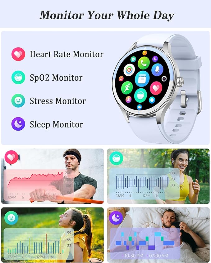 Smart Watch, 41mm Fitness Tracker, Answer/Make Calls, Digital Smartwatch with Heart Rate/Stress/Sleep Monitor, AI Voice, IP68 Waterproof Watch Calculator, Calendar, Games for Lady Women & Men