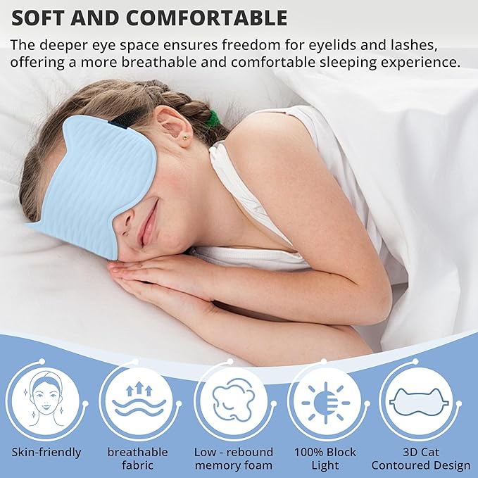 3D Kids Sleep Eye Mask: 3D Contoured Cup Sleeping Masks, Blindfold Sleep Eye Cover with Adjustable Strap, Memory Foam Lightweight Night Eyeshade for Boys Girls Teens (Blue)