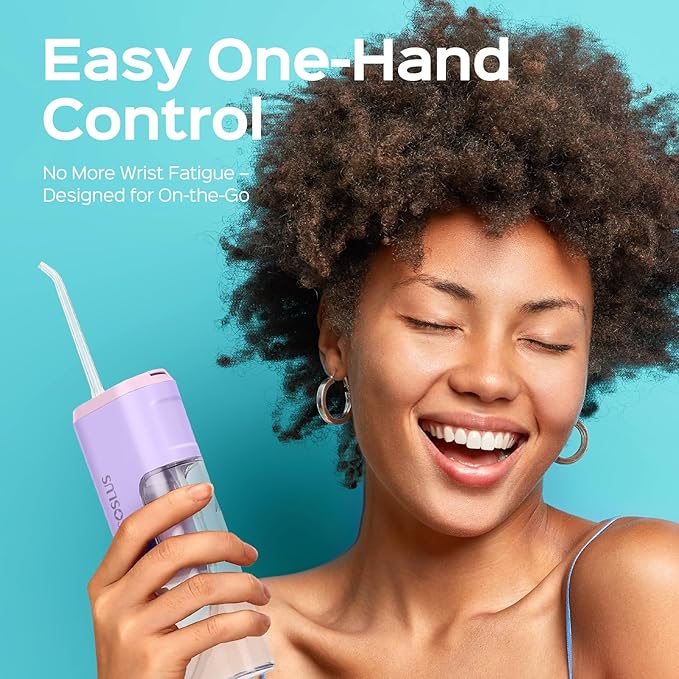 COSLUS Mini Water Flosser for Travel: Portable Compact Design, Cordless Oral Irrigator with 4 Jet Tips, Removable Tank & IPX7 Waterproof for Braces, Sensitive Teeth & On-The-Go Use, Pink Purple, T40