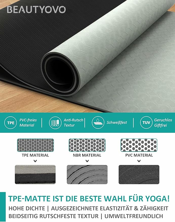 BEAUTYOVO Yoga Mat with Strap, 1/3 Inch Extra Thick Yoga Mat Double-sided Non Slip, Professional TPE Yoga Mats for Women Men, Workout Mat for Yoga, Pilates and Floor Exercises