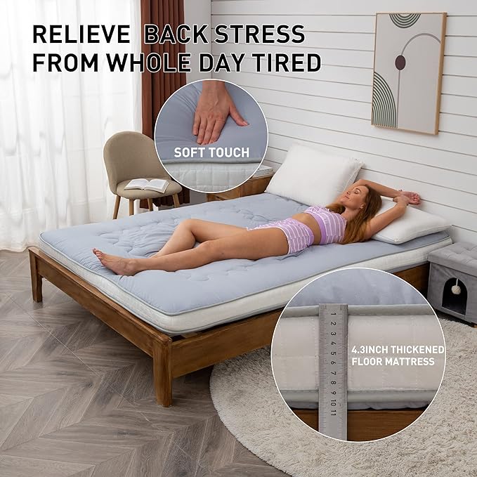 Dr.Futon Japanese Floor Futon Mattress Extra Thick Folding Roll Up Bed Topper Mat for Guest,Lounger and Tavel