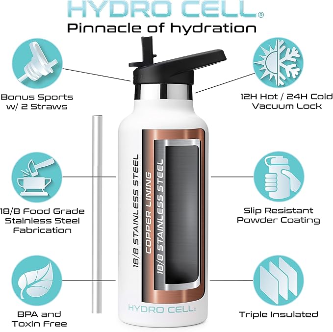 HYDRO CELL Stainless Steel Water Bottle with Straw & 2 Standard Mouth Lids (32oz 24oz 20oz 16oz) Keeps Liquids Hot or Cold w/Double Wall Vacuum Insulated Leak Proof Sport Design (White 20oz)