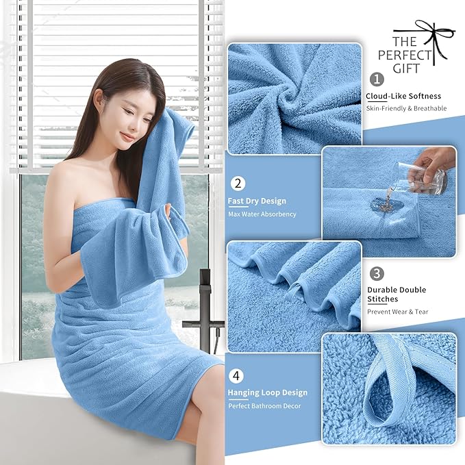 Extra Large Bath Sheet 4 Piece (35"x70")-Ultra Soft Oversized Bath Towel,Bath Sheet Towel for Bathroom Hotel,Plush Highly Absorbent Quick Dry Shower Towel Set for Adults,Bathroom Towel Set Blue