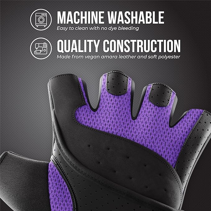 5737 Womens Padded Wrist Wrap Weight Lifting Gloves w/GripLock Padding (Pair) - Machine Washable Fingerless Workout Gloves w/Wrist Support Designed for Women